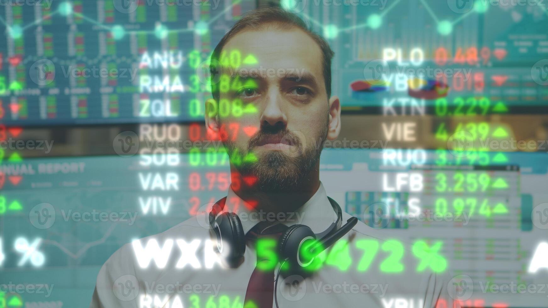 Focused businessman using augmented reality visualization, analyzing stock market charts and statistics graphs, close up. Investor seeking trading strategies and investment opportunities photo