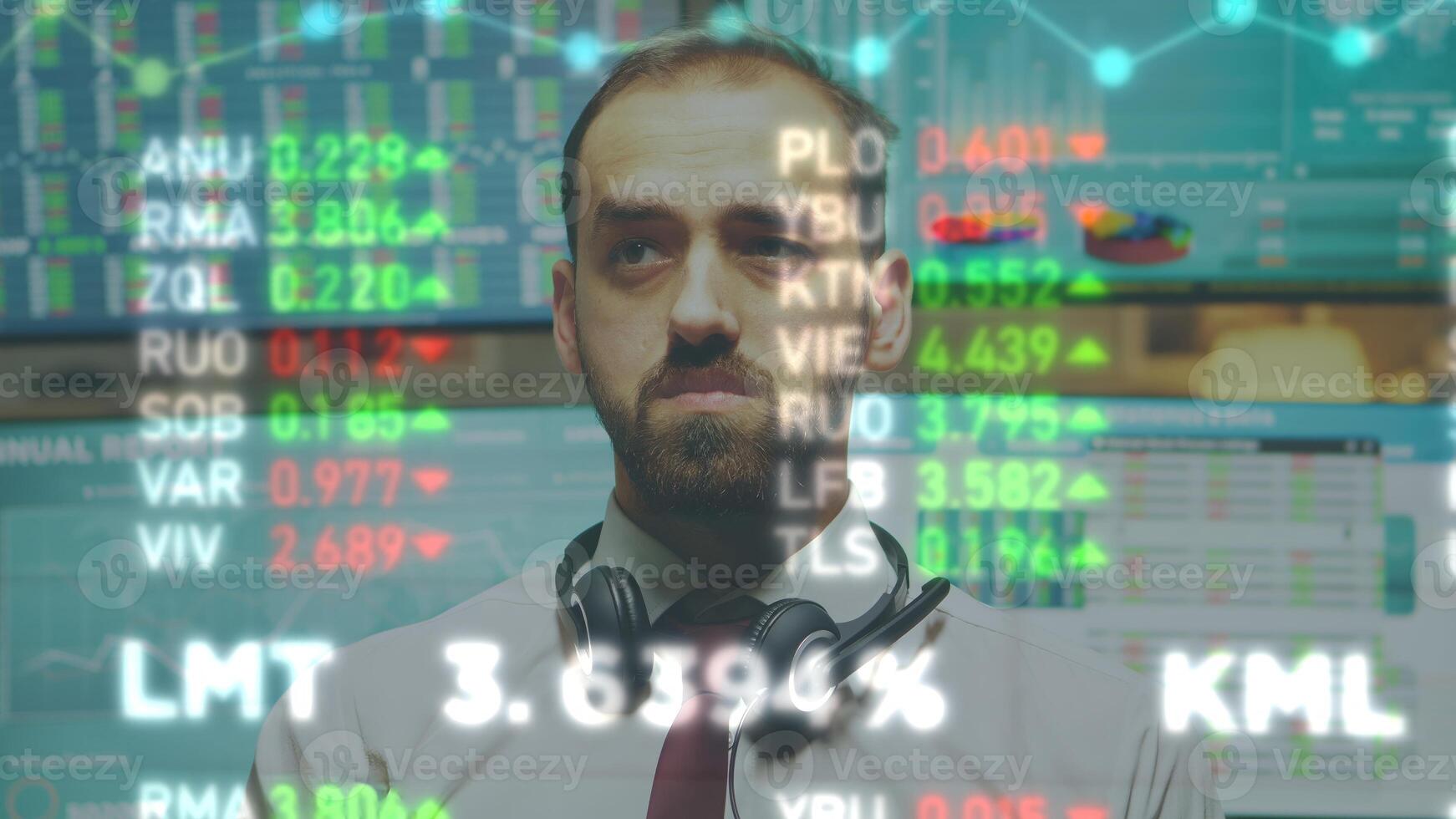 Financial broker at work using AR visualization technology, analyzing stock market charts and statistics graphs, close up. Analyst seeking bond trading and investment insights photo