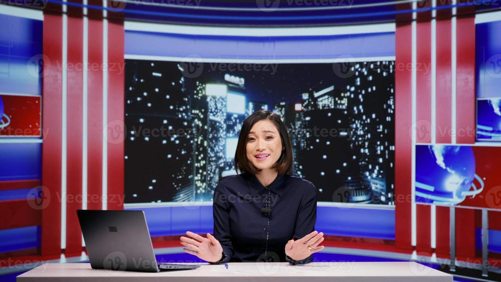 Media broadcaster hosting talk show late at night, discussing about important global events on live television program. Asian woman working as journalist with entertainment tv segment. photo