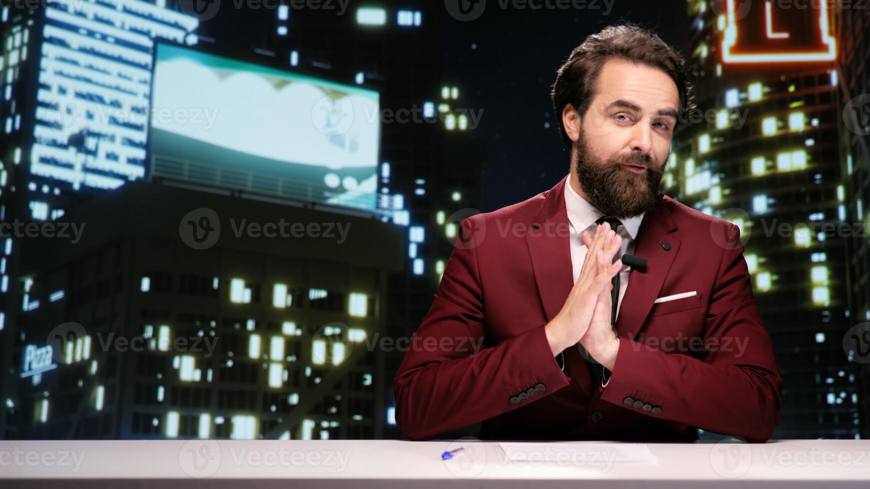 Night tv host presenting daily news late on live tv program, discussing about latest celebrity events. Media presenter addressing important global topics with breaking news, hosting talk show. photo