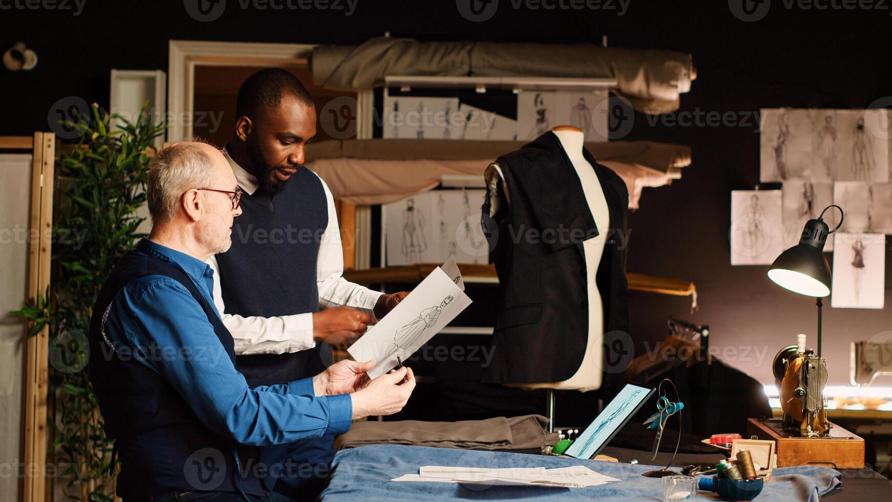 Senior tailor and trainee making sketch to manufacture clothes, apprentice learning about handcraft and textile industry. Experienced couturier teaching beginner to make clothing items. photo