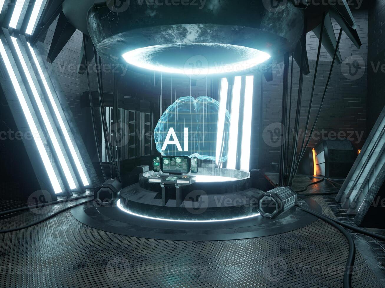 Artificial intelligence progress of AI brain in machine deep learning innovation, internet of things. Coding process with neural network and dataset, futurism. 3d render animation. photo