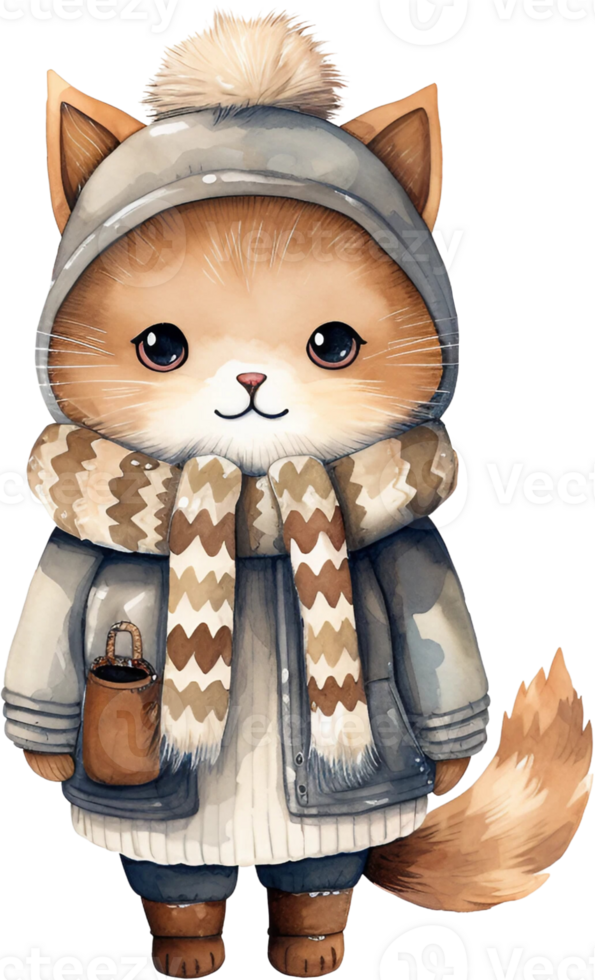 Ai Generated Watercolor Feline Winter Wonderland clipart Kawaii Cat Nursery Animals kitten Baby warm sweater Cute Meow Minimalistic Christmas Card Poster Stickers Planner png