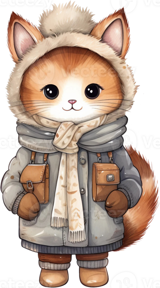 Ai Generated Watercolor Feline Winter Wonderland clipart Kawaii Cat Nursery Animals kitten Baby warm sweater Cute Meow Minimalistic Christmas Card Poster Stickers Planner png