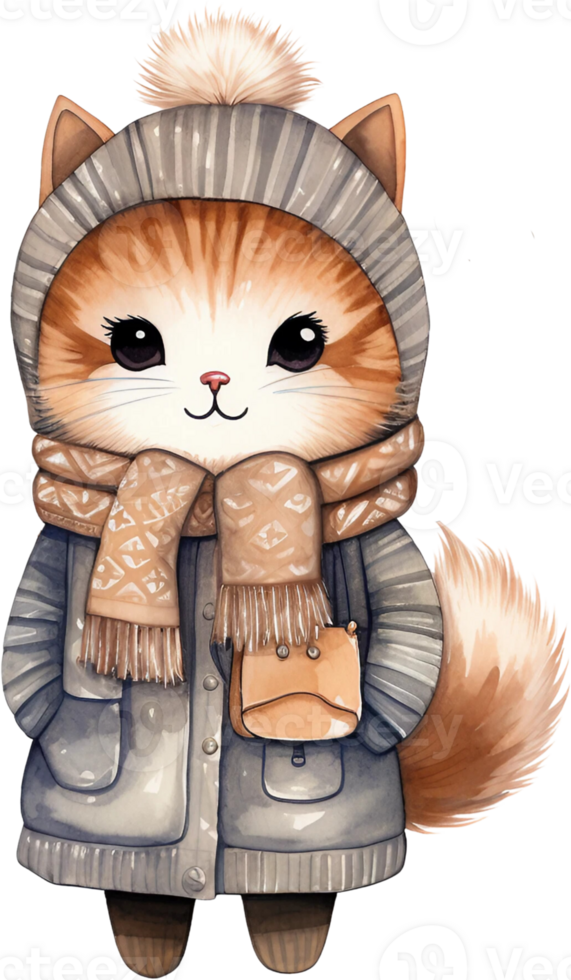 Ai Generated Watercolor Feline Winter Wonderland clipart Kawaii Cat Nursery Animals kitten Baby warm sweater Cute Meow Minimalistic Christmas Card Poster Stickers Planner png
