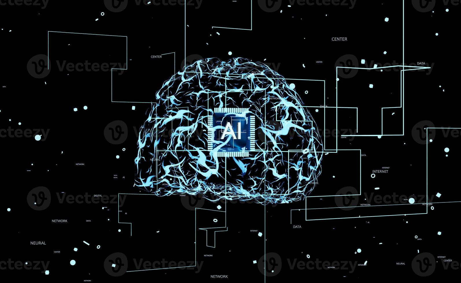 Artificial Intelligence computing simulating human brain thought processes in computerized model. AI visualization showing machine learning algorithms using pattern recognition, 3D render animation photo