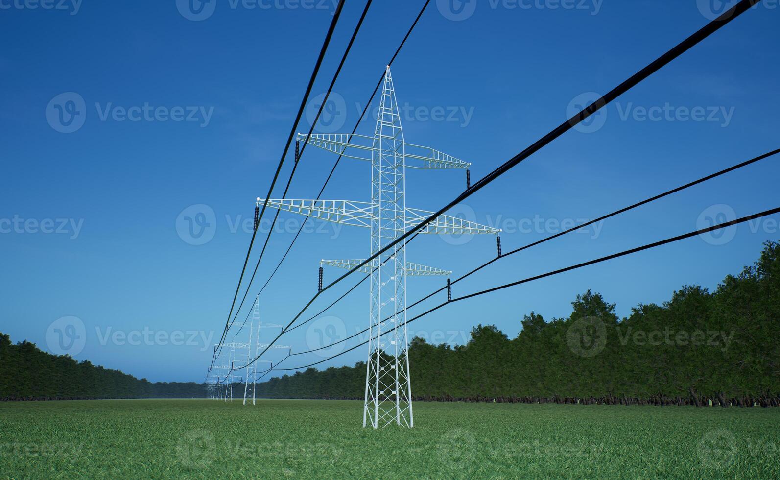 Electric grid delivering high voltage electricity using wires over blue sky. Energy flowing through industrial equipment cables hanging on power pylon, 3D render animation photo