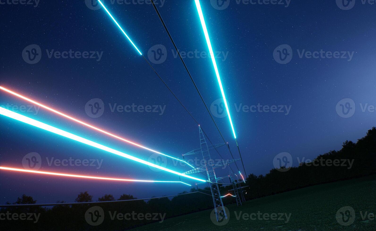 energía corriente fluido mediante acero torre alto voltaje poder líneas terminado noche cielo. eléctrico cables transmitiendo electricidad adquirido desde sostenible fuentes, 3d hacer animación foto