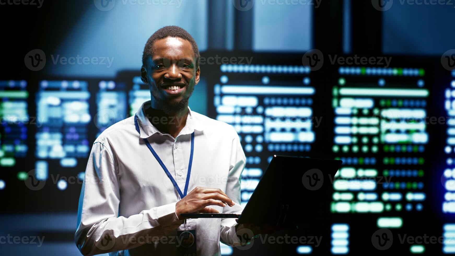 Computer scientist using tablet to analyze server cabinets providing computing resources and storage, enabling artificial intelligence to process massive datasets for training and machine learning photo