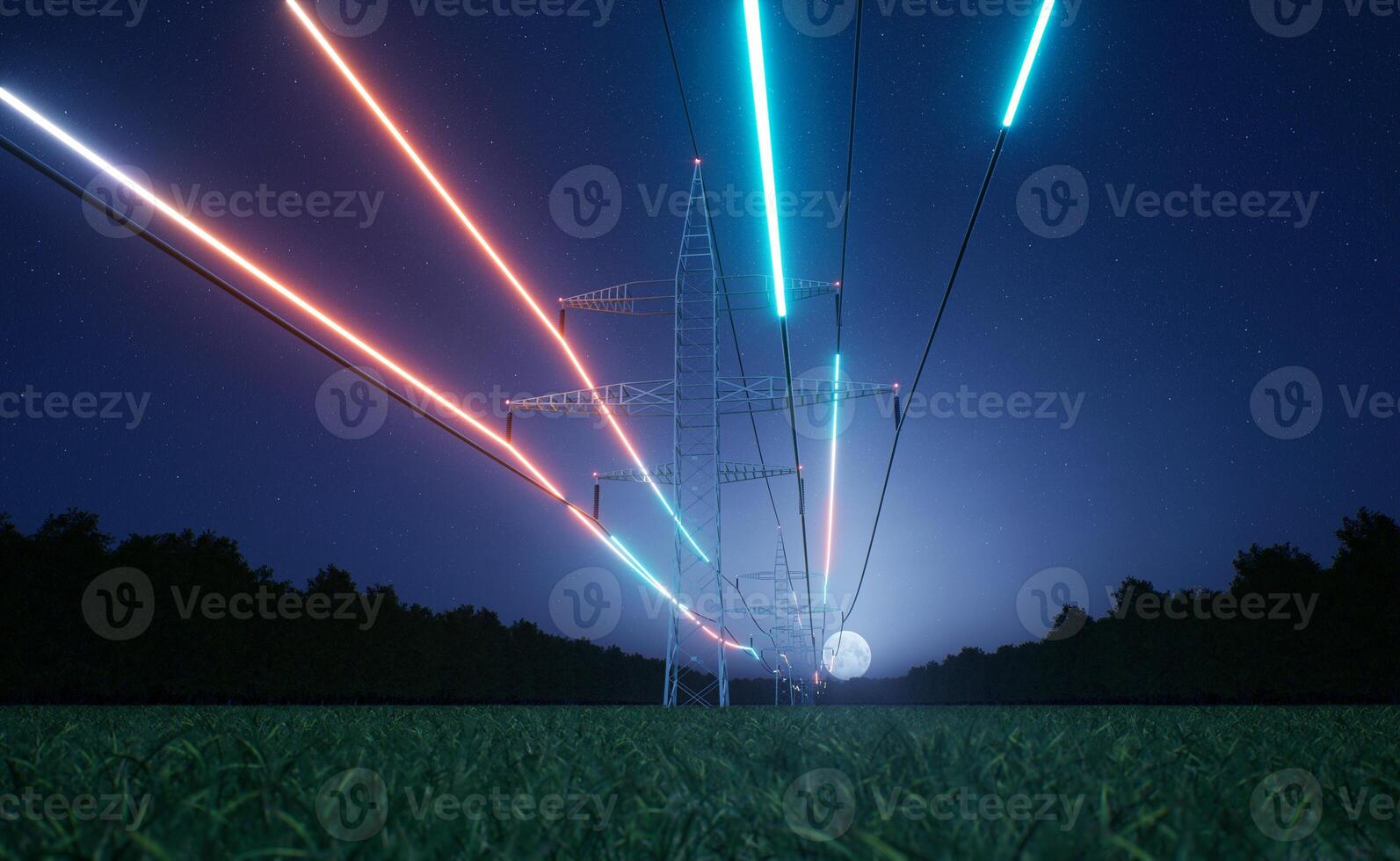 Visualization of energy flowing through grid wires used in electric transmission and distribution. Metal tower high voltage electrical cables over night sky during full moon, 3d render animation photo