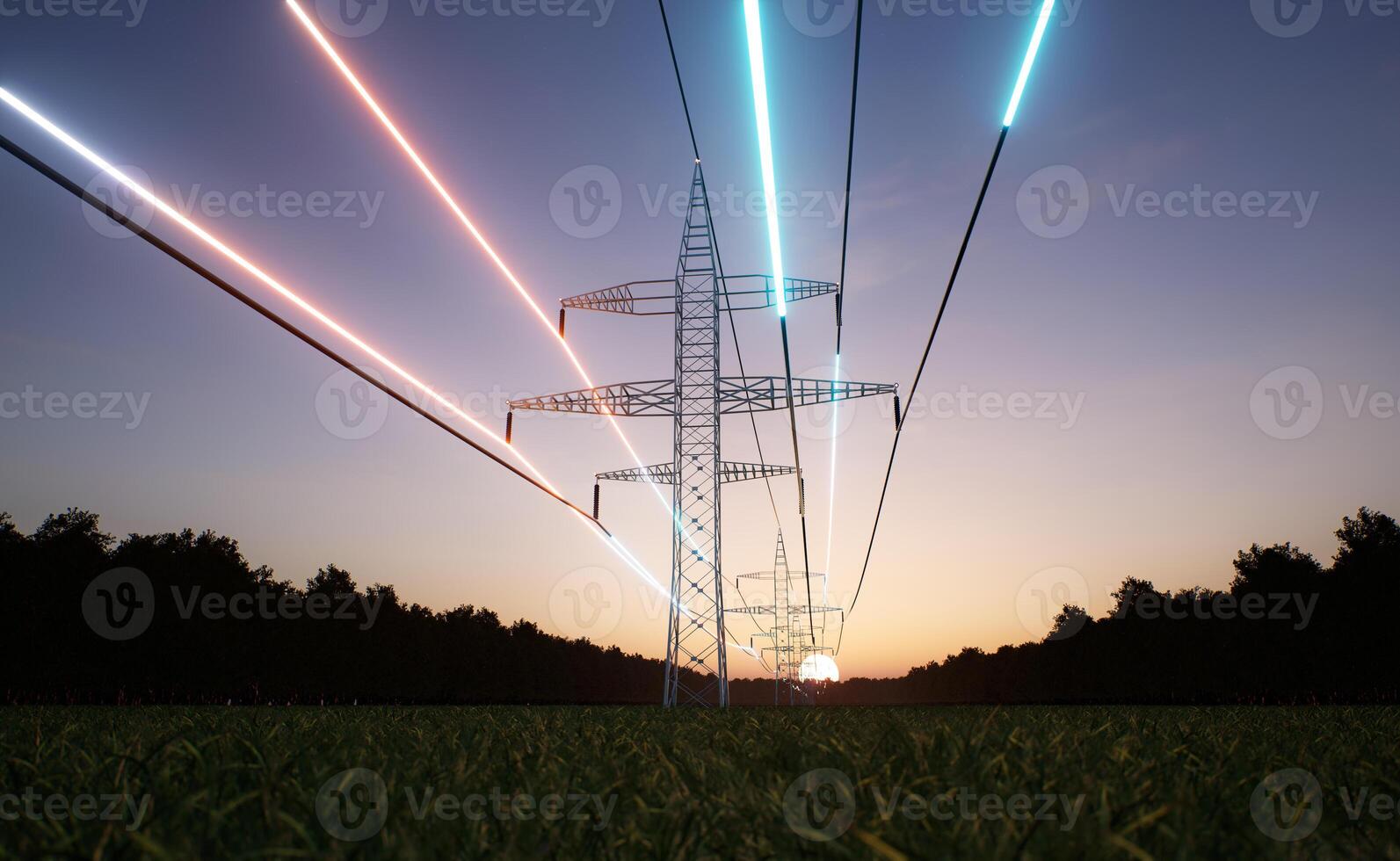 Energy stream flowing through steel tower high voltage power lines over sunrise horizon sky. Electric cables transmitting electricity obtained from sustainable sources, 3D render animation photo