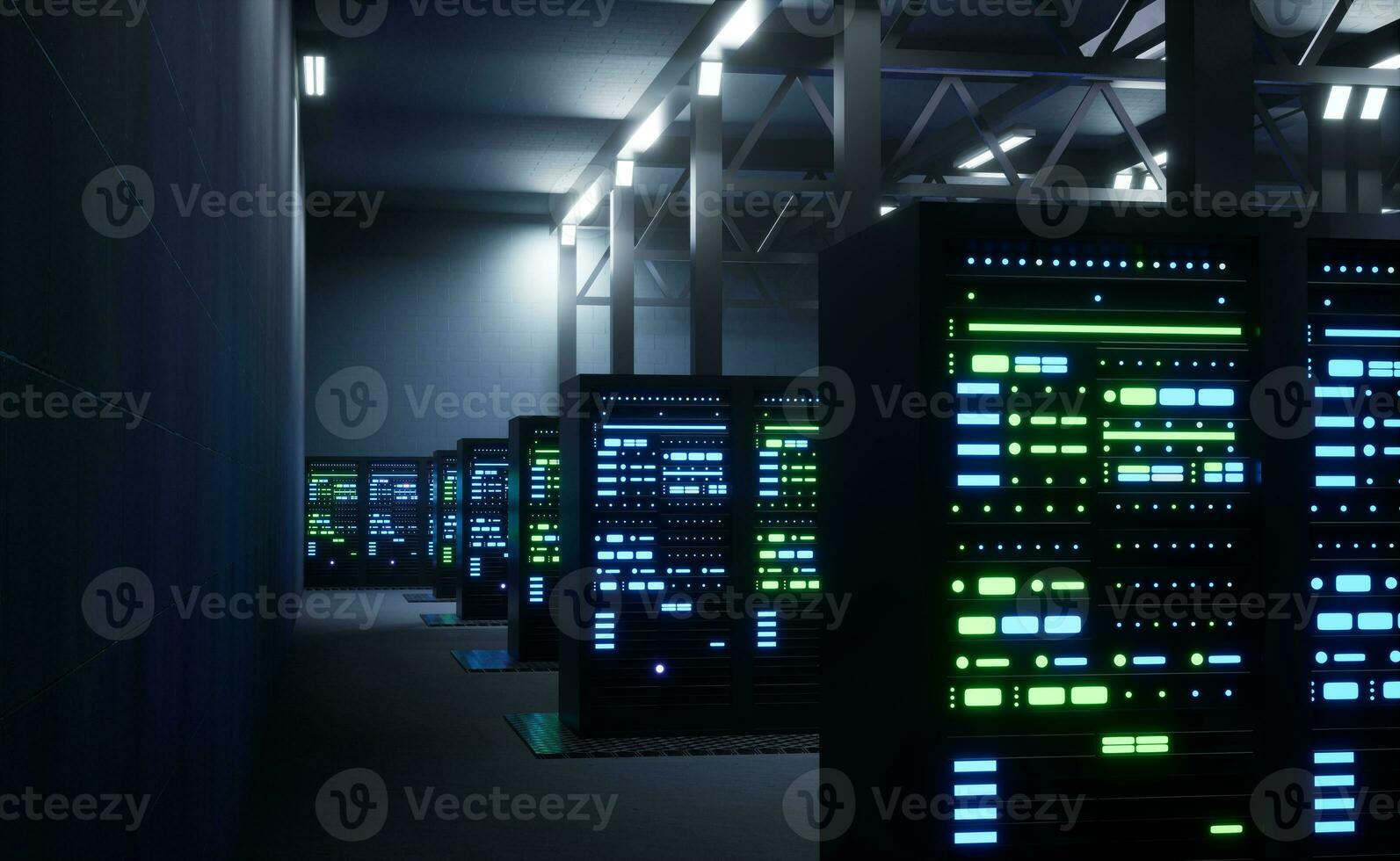 Multiple rows of fully operational server racks requiring massive computing power. Supercomputers in temperature controlled environment protecting equipment, 3D render animation photo