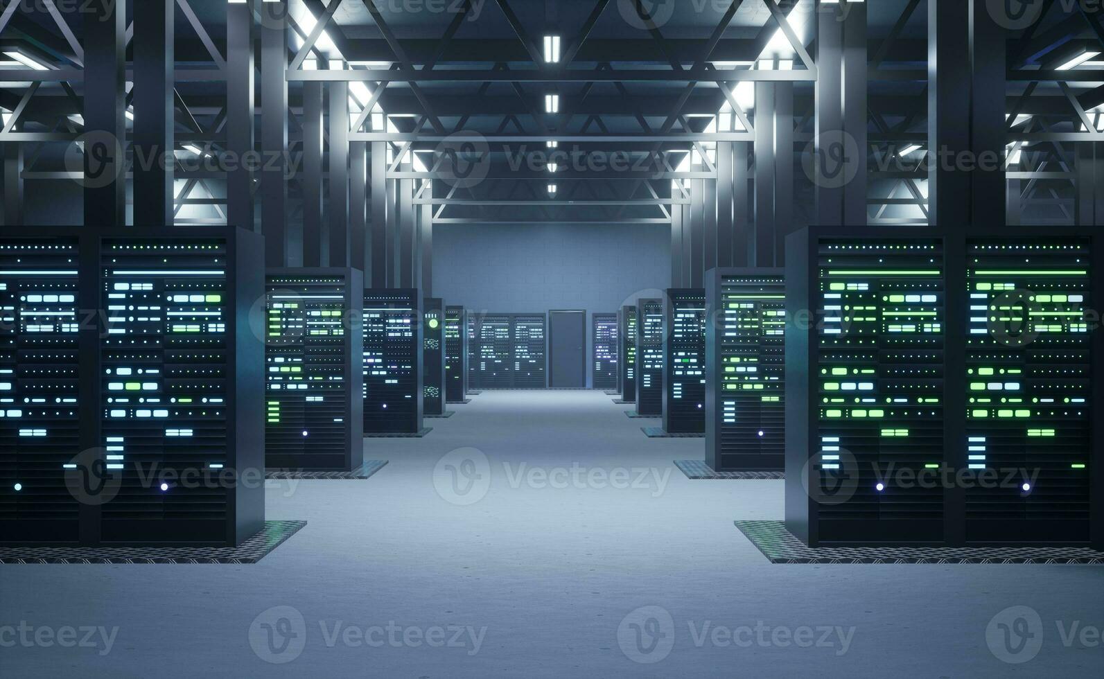 Operational server clusters in computer network security data storage facility. Mainframes providing processing power and memory resources for tedious workloads, 3D render animation photo