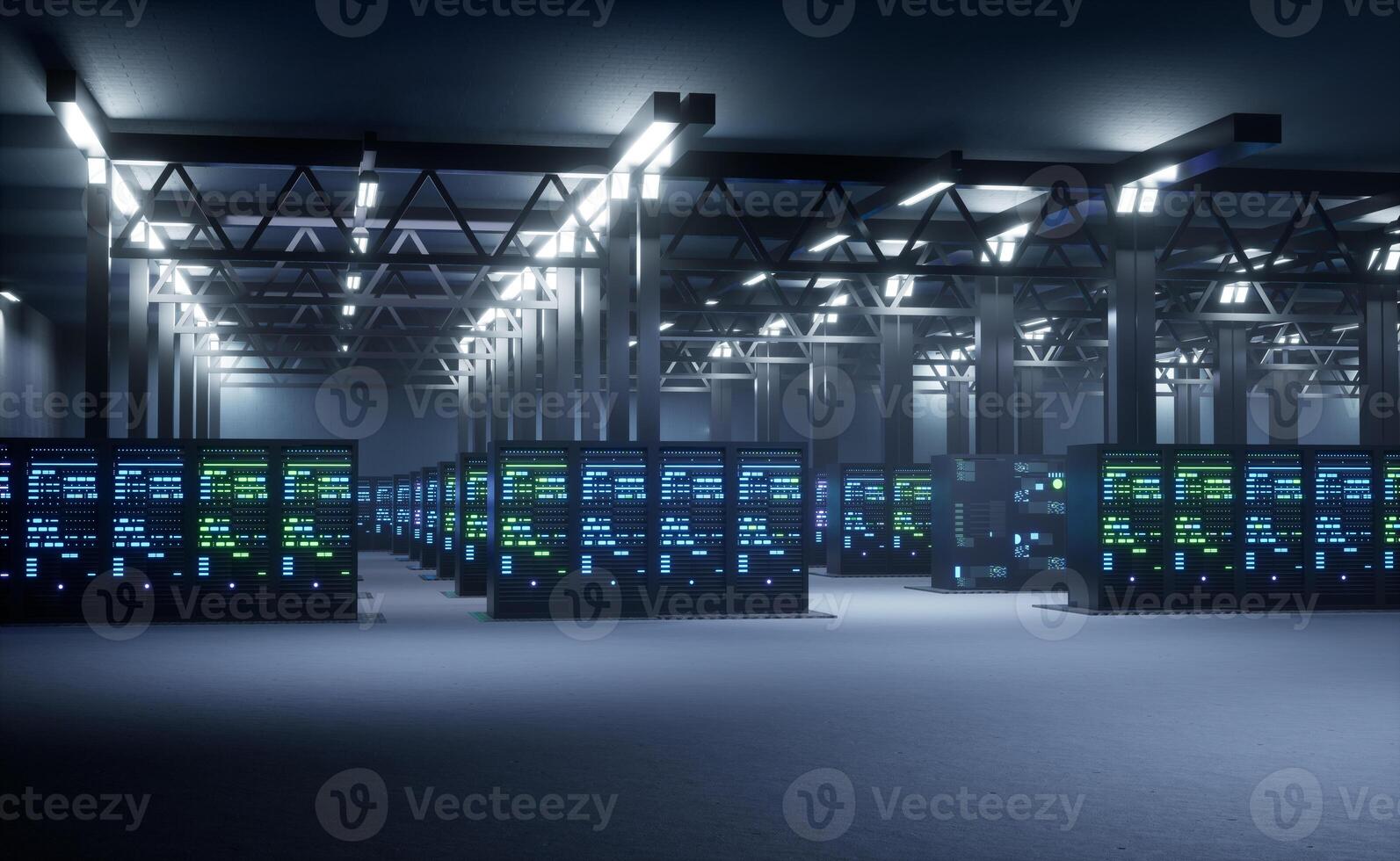 Critical components IT infrastructure helping businesses perform important tasks such as managing databases, hosting websites and storing files. Blade servers in empty data center, 3D render animation photo