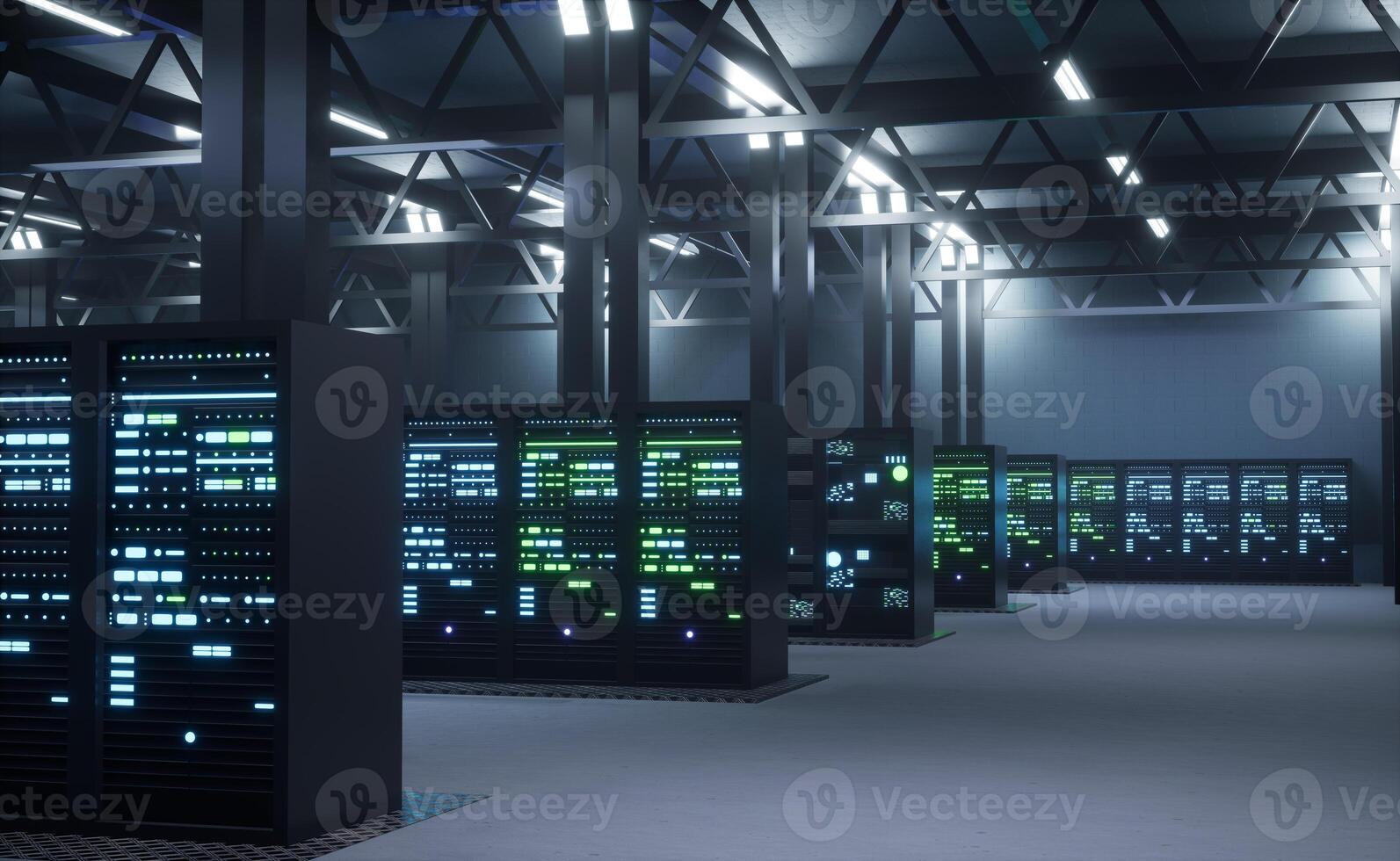 Modern data center providing cloud services, enabling businesses to access computing resources and storage on demand over internet. Server room infrastructure 3D render animation photo