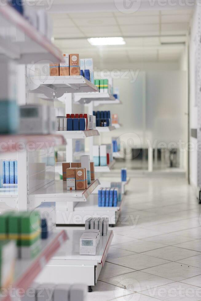 Pharmacy shelves filled with medications and supplements ready to be buy by clients, health care treatment. Empty drugstore with pharmaceutical products, supplements and vitamins, pills bottles. photo