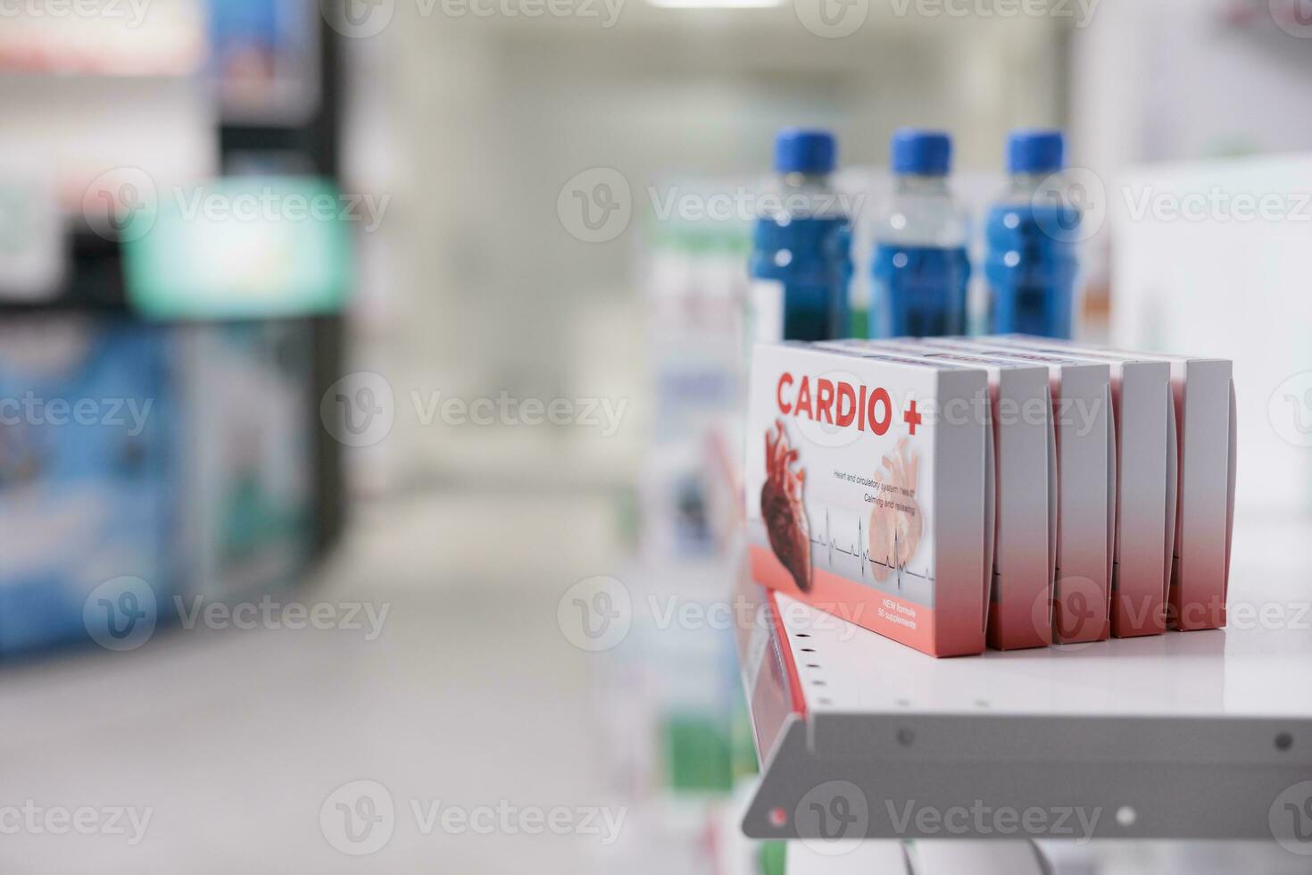 Empty pharmacy retail store with cardiology pills and treatment on shelves, used by customers to buy healthcare drugs and pharmaceutical products. Health care store with supplements and medication photo