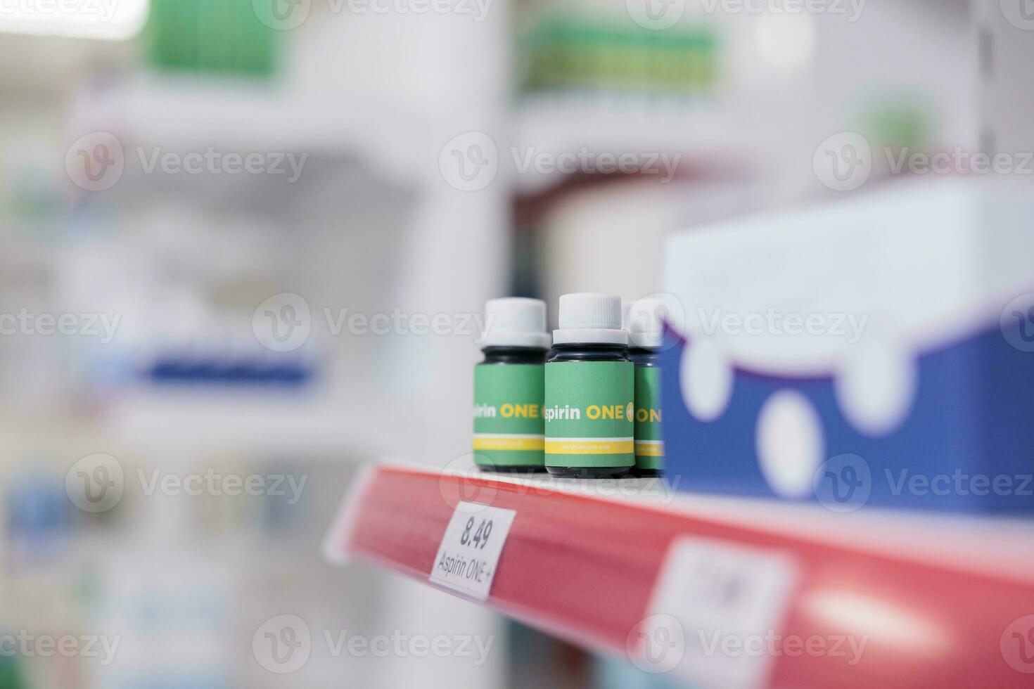 Empty health care facility filled with shelves equipped with pills bottes and pharmaceutical products used by clients to buy medicinal drugs. Drugstore with vitamins and supplements. Medicine service photo