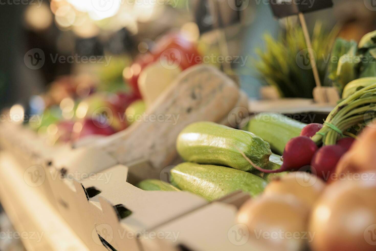 vistoso Fresco frutas y vegetales desde natural cosecha, orgánico calabaza o calabacín puesto en agricultores mercado pararse. bio crudo verduras y eco Produce desde granja jardín, comida mercado. cerca arriba. foto