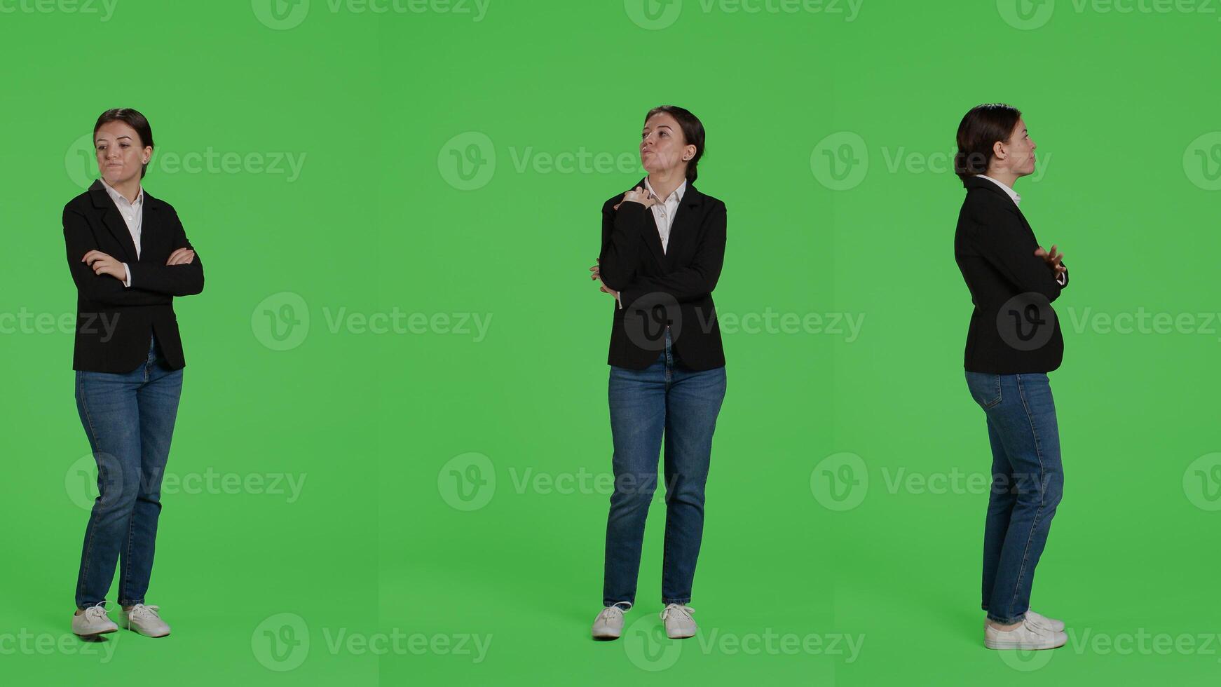 Impatient office worker waiting and being late, standing over full body green screen background. Young businesswoman wait, wearing suit on studio isolated greenscreen backdrop. photo
