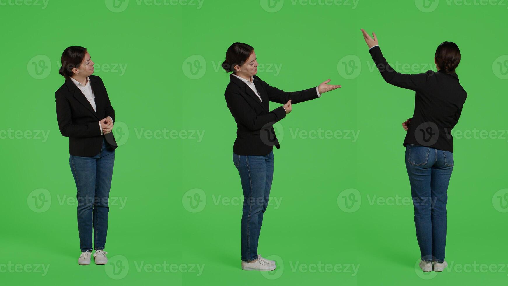 Caucasian businesswoman advertising presentation sideways, doing advertisement over full body greenscreen backdrop. Office worker showing ad icon and example in studio, presenting. photo