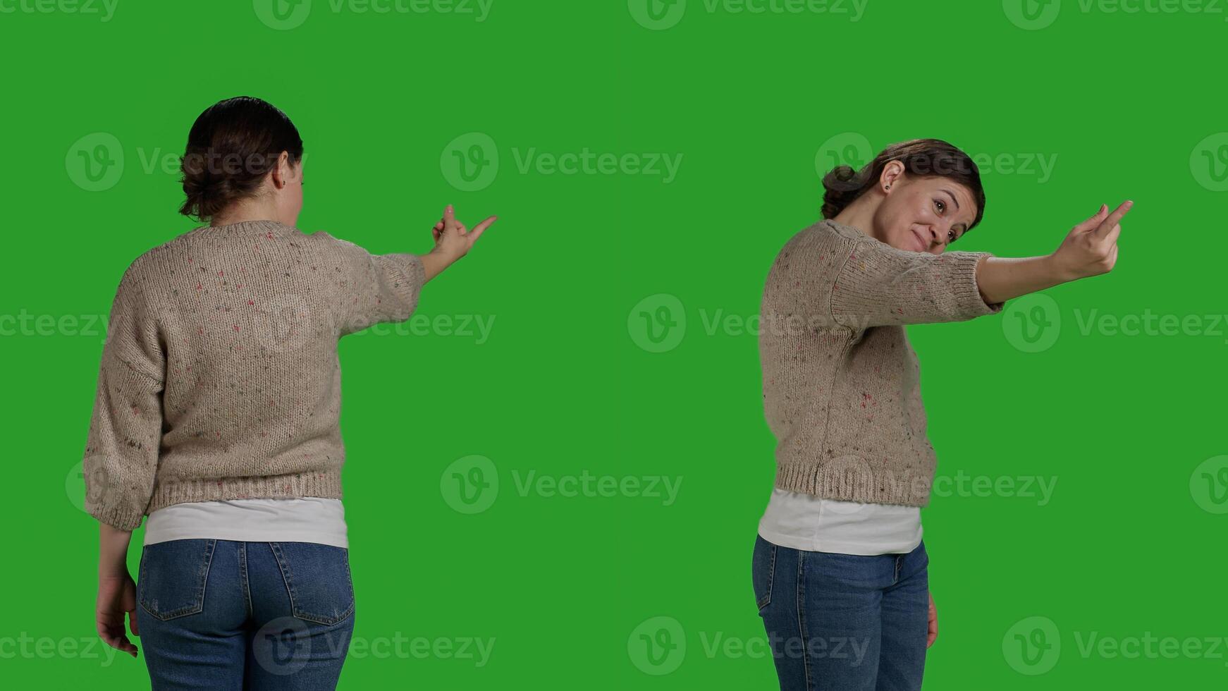 Optimistic adult asking people to come over, being insistent and requesting to come. Young casual adult calling person over, expressing positive joyful emotions over studio greenscreen. photo
