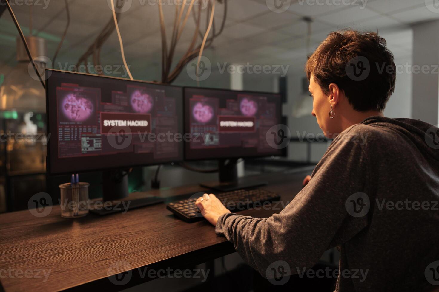 Female hacker cracking password and breaking server encryption, getting access to computer system and stealing data. Spy hacking security firewall and planting virus, phishing concept. photo