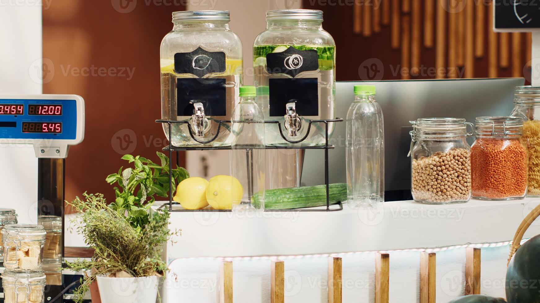 Zero waste supermarket with ethically sourced chemicals free fruits, vegetables, grains, spices and pasta on display. Empty eco friendly local grocery store with low carbon dioxide emissions, close up photo