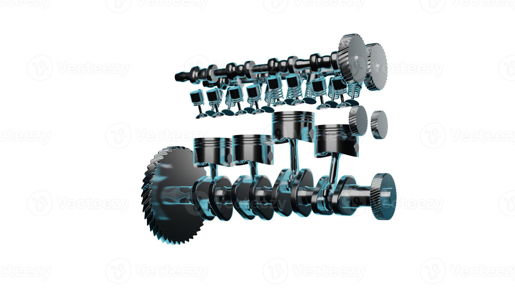 Close up detailed fully textured 3D render of working V8 engine with pistons, camshaft, valves and other mechanical parts. Premium vehicle component made with precise masterful engineering photo