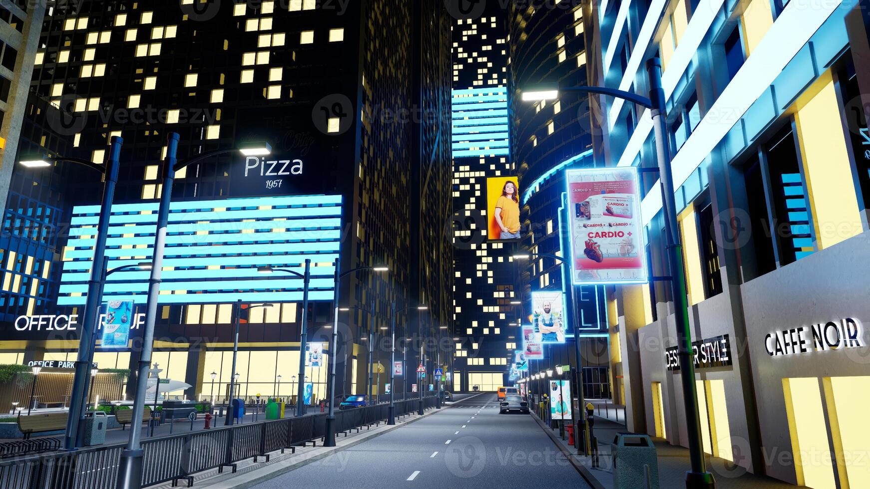 Nighttime downtown city avenues with automobiles driving past buildings. Empty metropolitan town with boulevards illuminated by OOH billboard ads and lamp posts, 3d render animation photo
