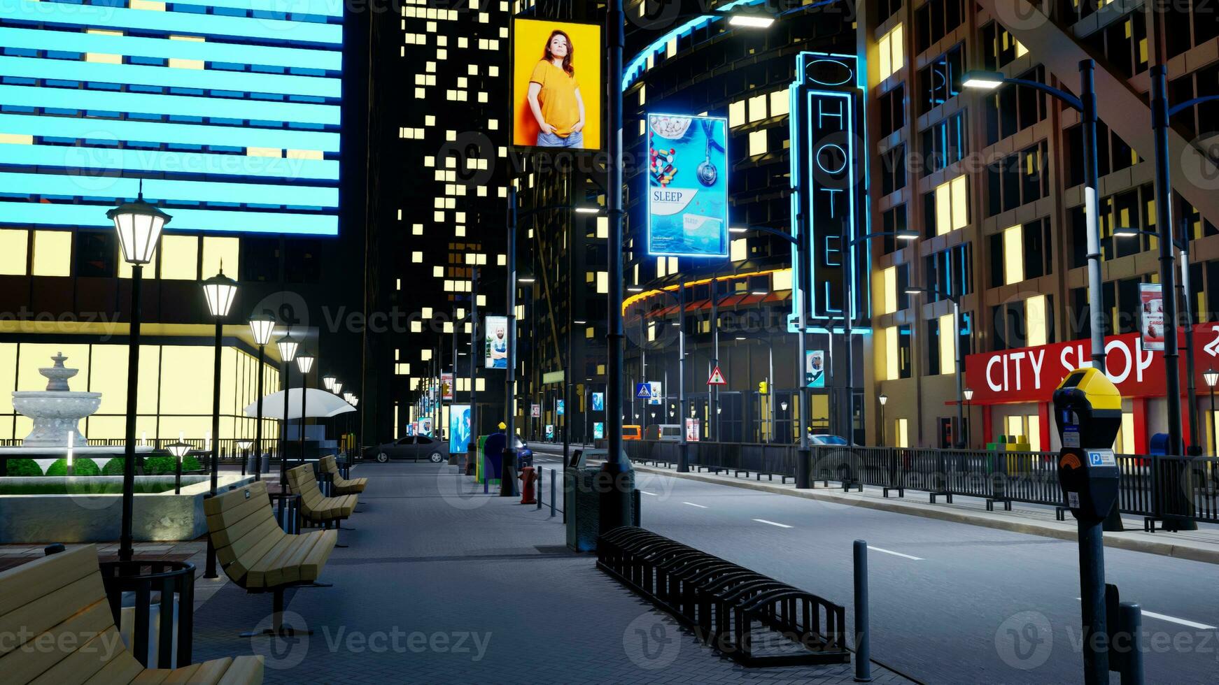 urbano ciudad centrar a noche con carros conducción pasado rascacielos vacío metropolitano pueblo con calles iluminado por al aire libre publicidad y lámpara publicaciones, 3d hacer animación foto
