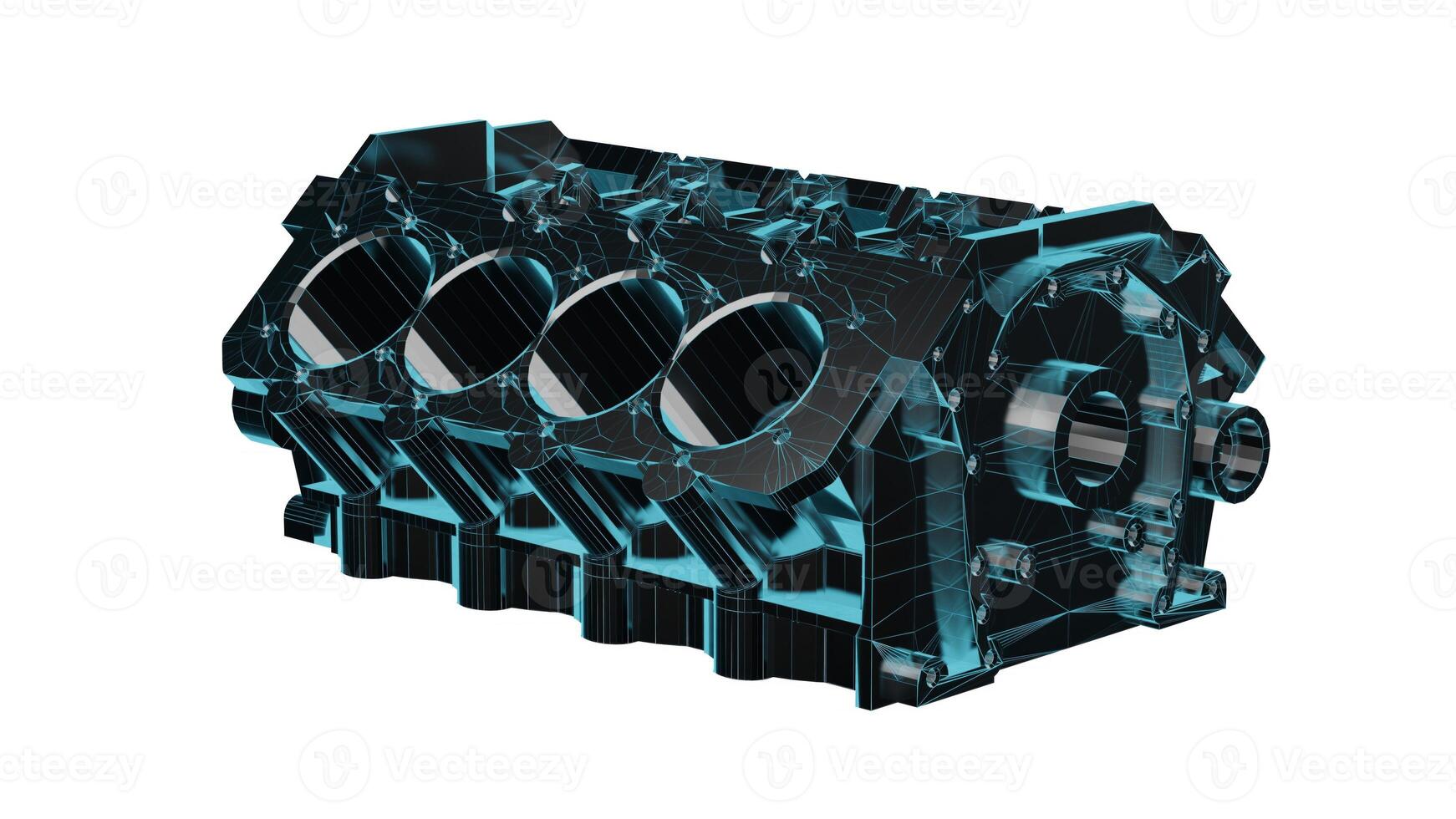 Close up detailed fully textured 3D render over white background of car internal combustion engine cylinder block with pistons, coolant passages and other mechanical components photo