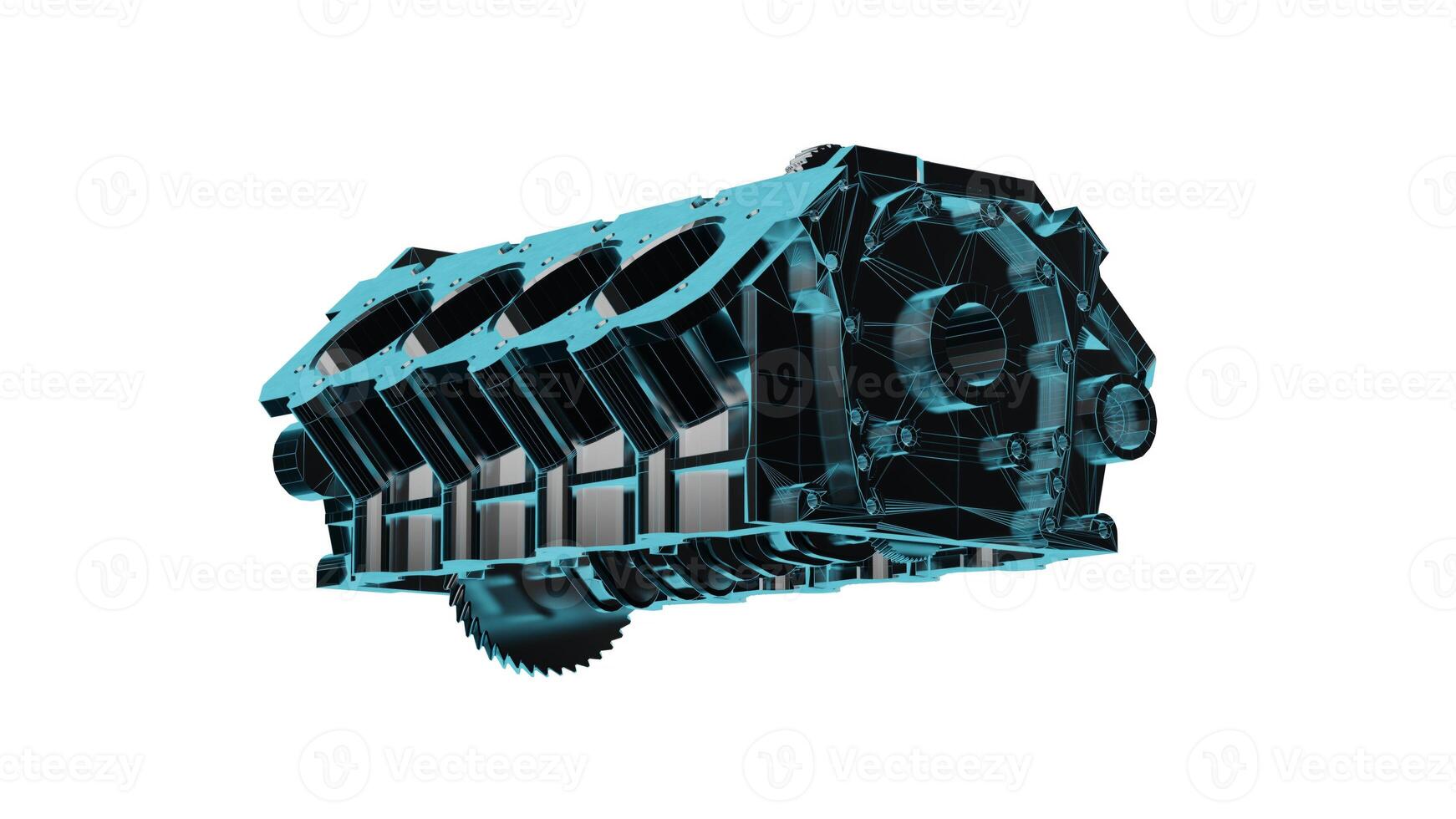 Close up fully textured realistic 3D render of top of the line car engine block assembled with titanium alloy cylinders casings, pistons, and other premium mechanical components, white background photo