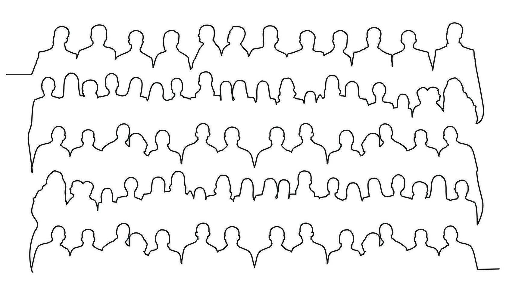 Image of crowd silhouette, group of people, sports team. Fans, admirers, students, audience, public, viewers, watcher. One solid continuous line style vector
