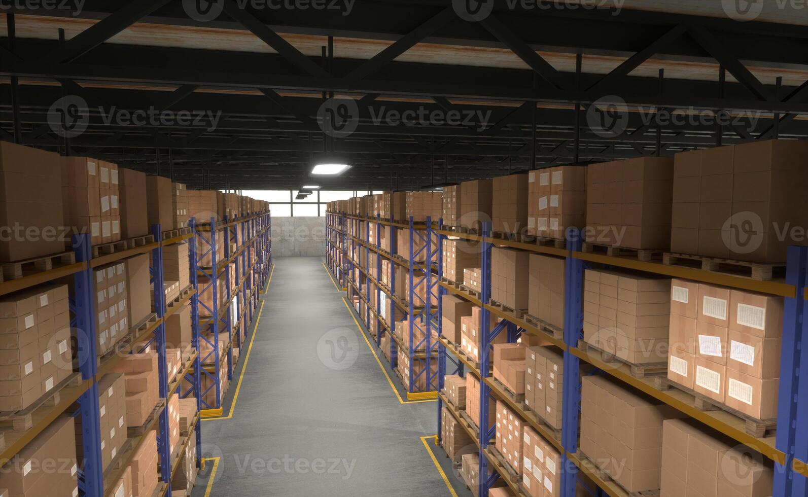 Empty warehouse filled with boxed goods having labels printed on, ready to be shipped to customers worldwide, 3D render. Aerial shot of stockroom shelves full of stacked merchandise parcels photo