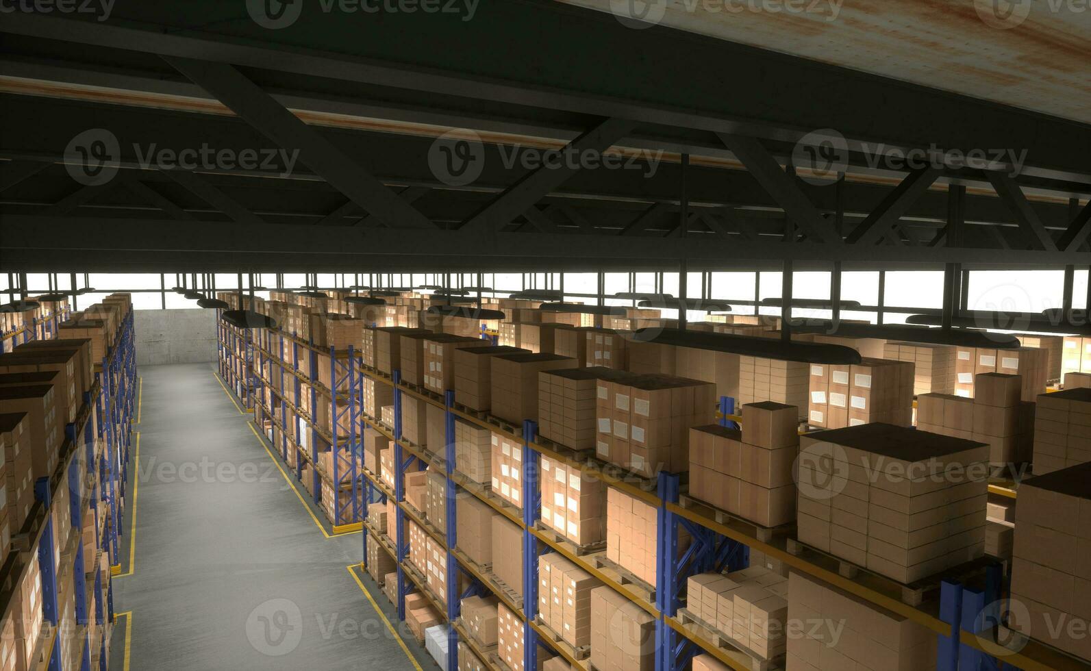 Empty warehouse factory filled with products in boxes with labels printed on, ready to be shipped to customers worldwide, 3D render. Storehouse shelves full of stacked merchandise wares photo