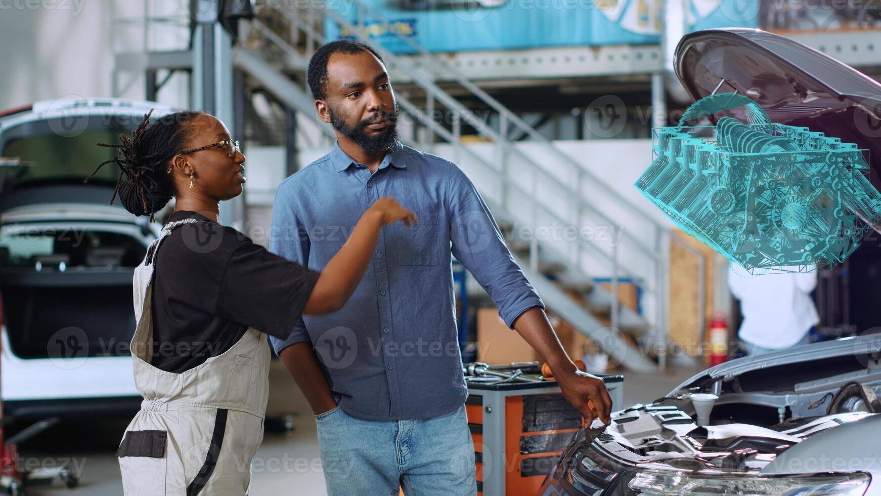 certificado técnico en reparar tienda utilizando holográfico aumentado realidad a espectáculo mujer defectuoso componentes dentro coche. experto garaje experto utilizando avanzado Arkansas software a proyecto vehículo partes foto