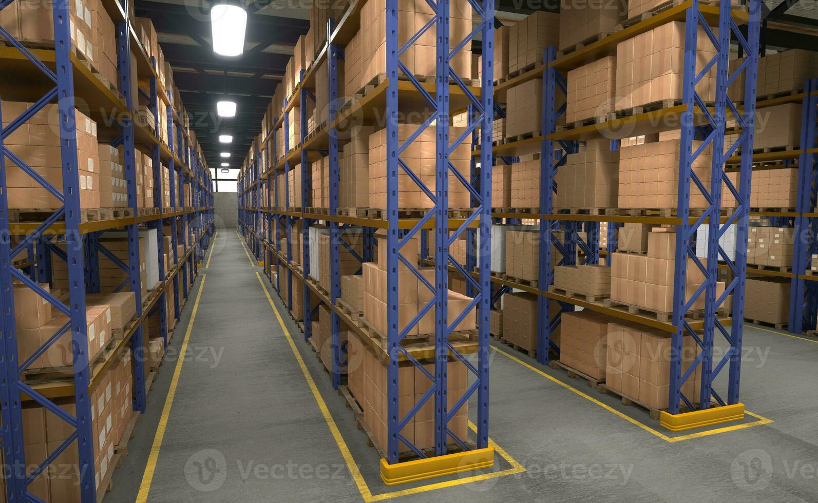 Warehouse facility racks filled with products in cardboard boxes ready to be shipped to clients worldwide, 3D rendering. Big empty deposit with shelves full of cached merchandise wares photo