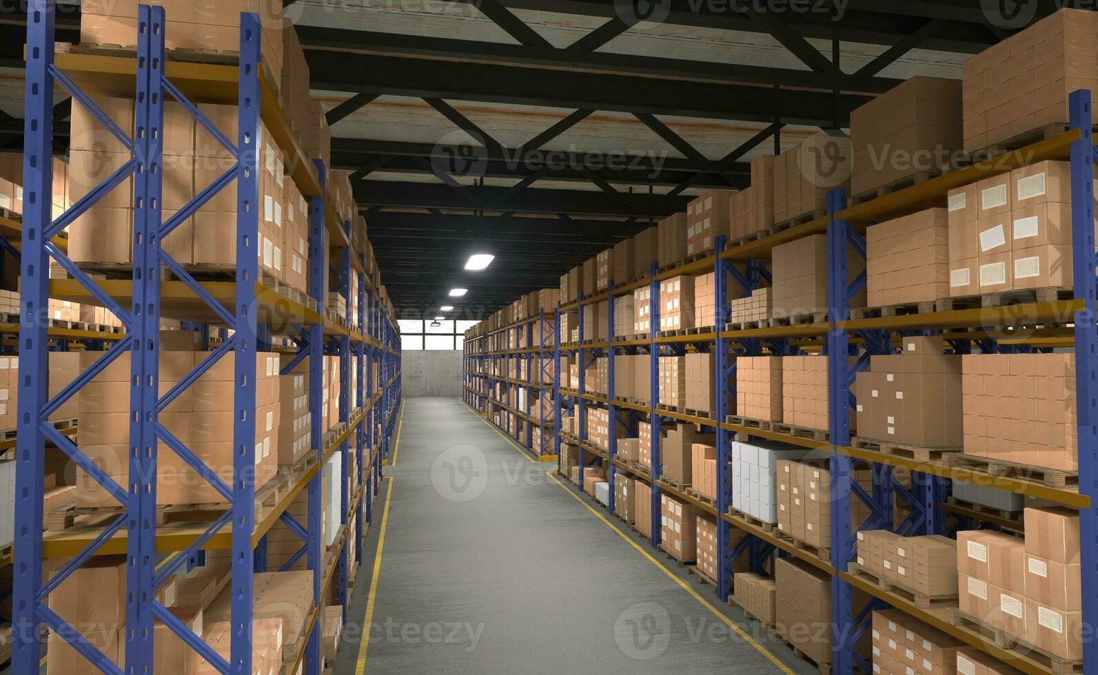 Racks in distribution center filled with cardboard packages ready to be picked up and transported to clients worldwide, 3D render. Warehouse building with shelves full of stowed merchandise wares photo