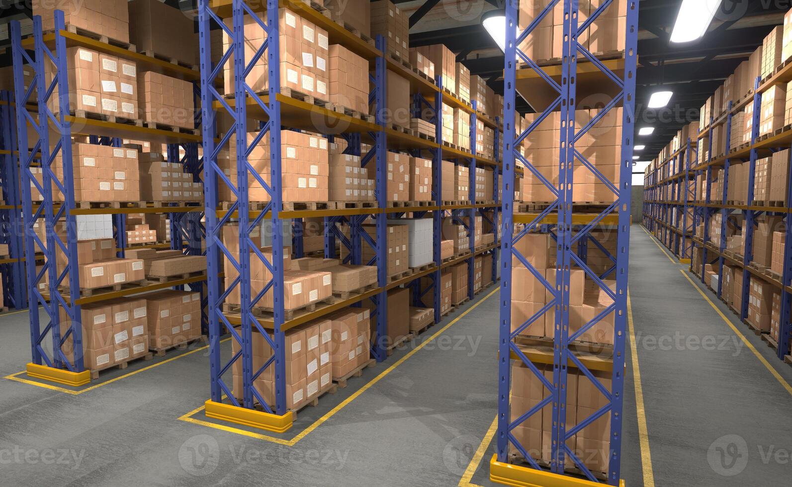 Racks in fulfillment center filled with cardboard boxes stock ready to be shipped to customers worldwide, 3D render. Big empty storage hub with shelves full of stored merchandise wares photo