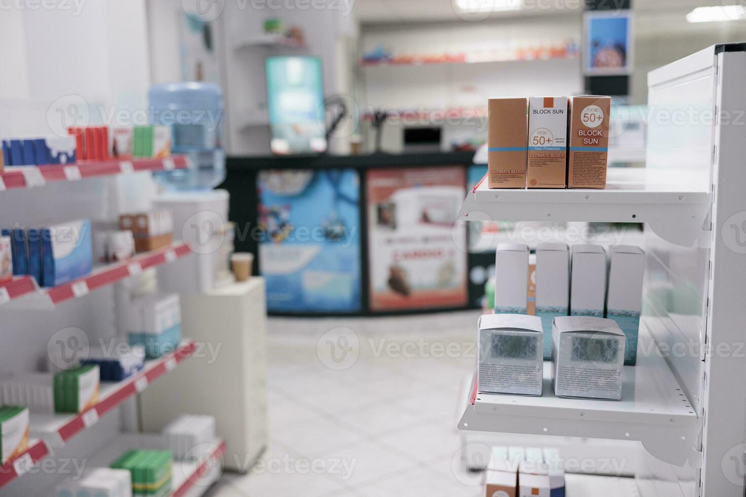 Empty drugstore with nobody in it equipped with shelves full of pills packages and pharmaceutical products ready for clients. Pharmacy filled with supplements, health care support service and concept photo