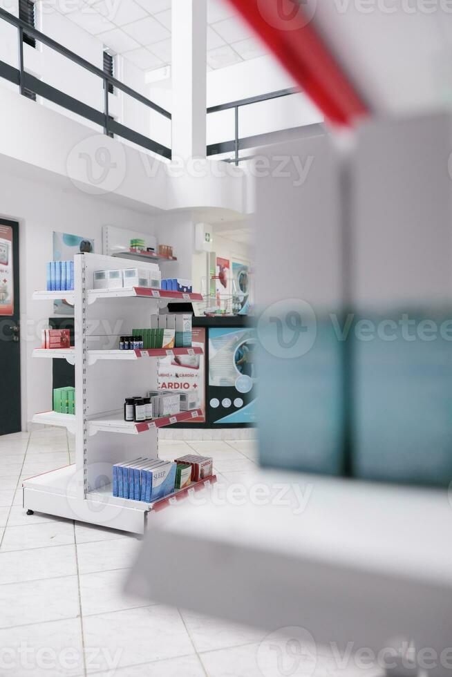 Drugstore shelves filled with pills and pharmaceutical products to sell prescription medicine or treatment to sick clients. Empty pharmacy with medication, supplements and drugs bottles. photo