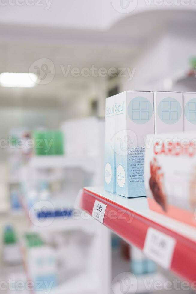 Empty health care shop with boxes and packages on medicaments, retail store shelves with pharmaceutical products. Pharmacy space filled with medical drugs and pills, supplement containers. photo