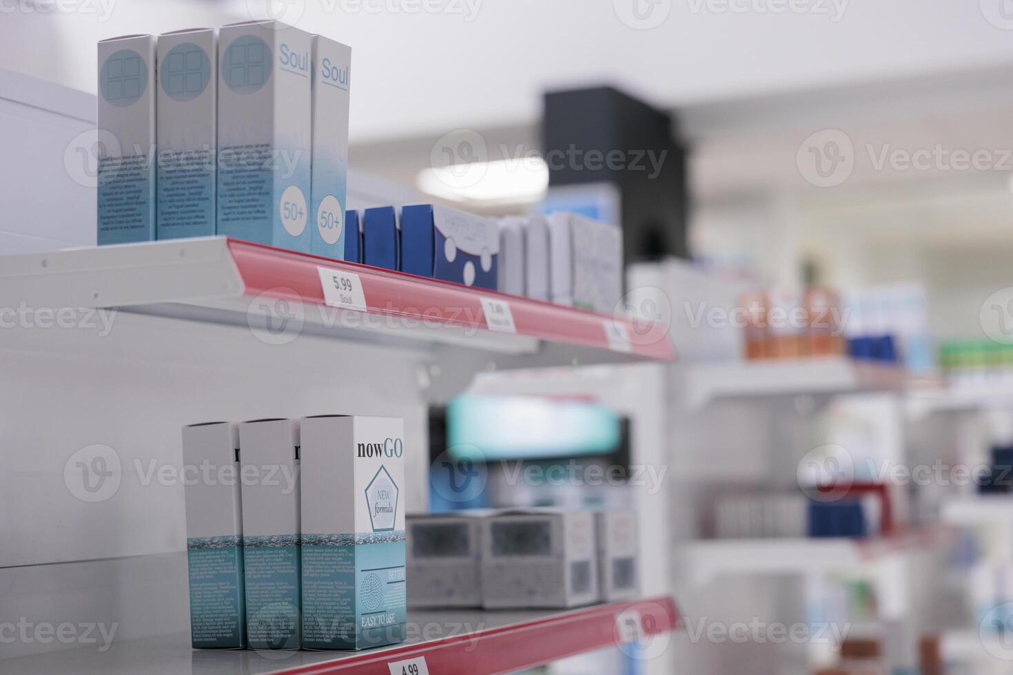 Empty pharmacy store shelves filled with pharmaceutical products and supplements to sell prescription medicine or treatment to customers. Drugstore with medication and vitamins, drugs bottles. photo