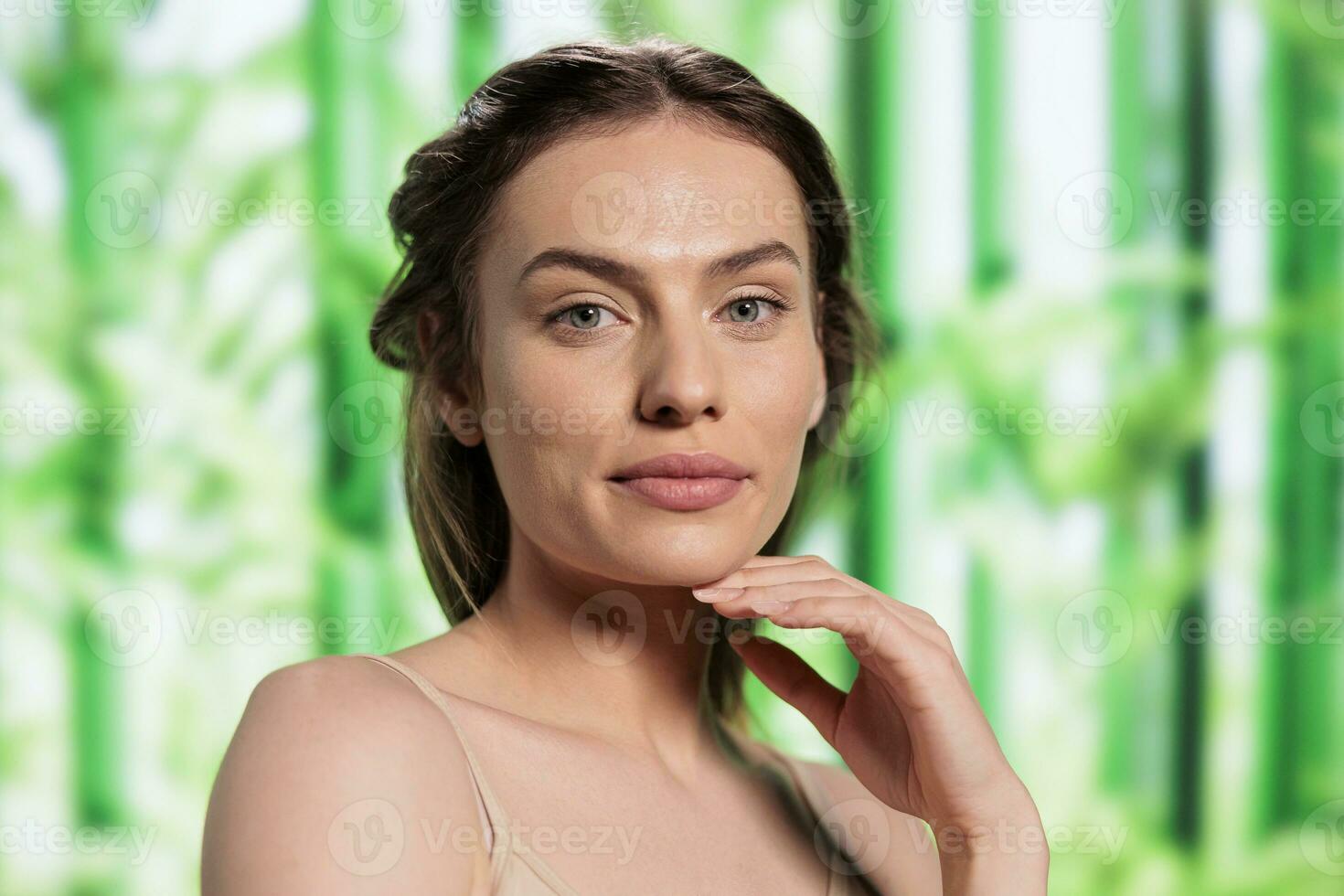 Beautiful smiling woman with fresh skin after using herbal facial cosmetics portrait. Attractive young skincare treatment model holding hand under chin and looking at camera photo