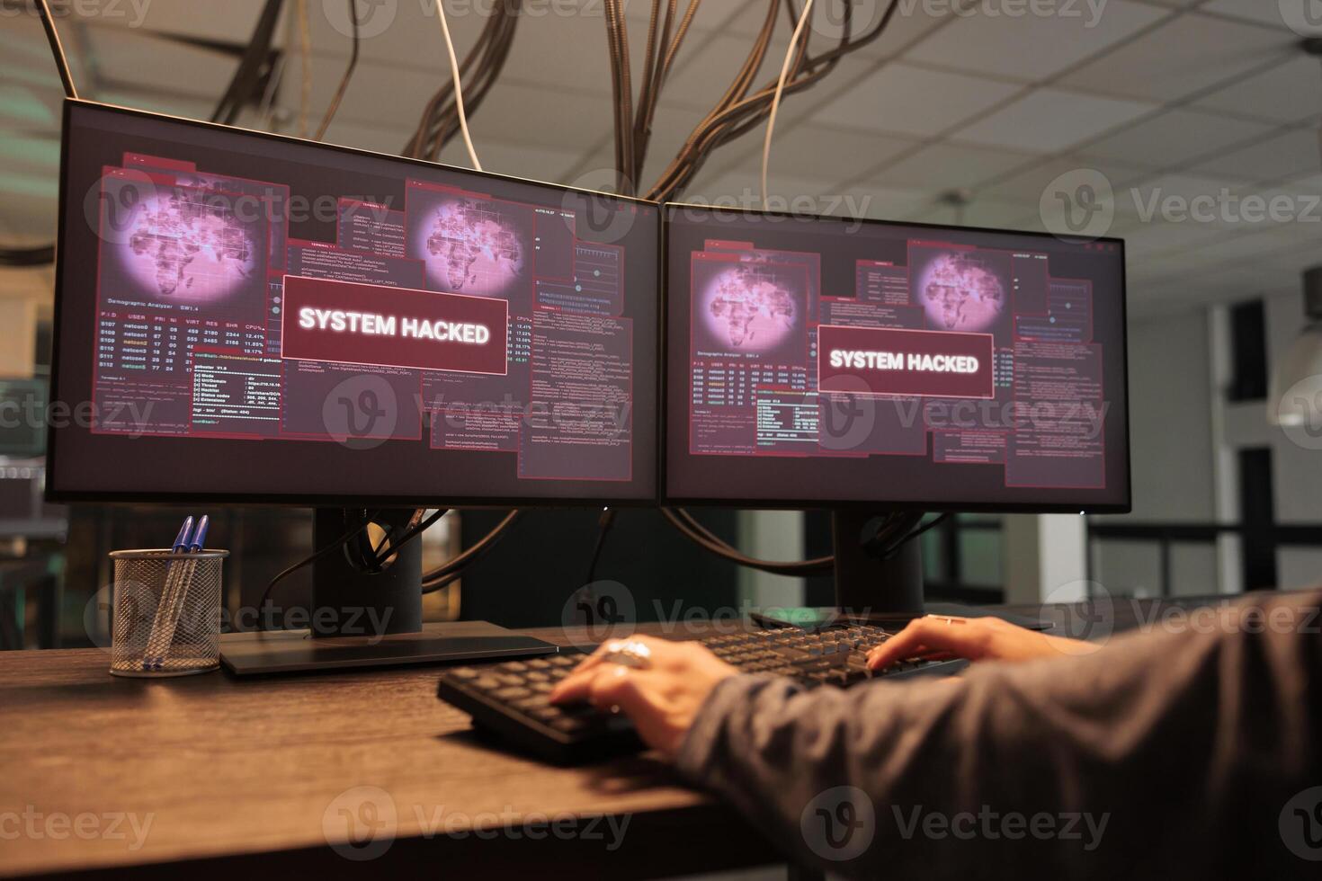 Dangerous thief planting trojan virus on computer system, typing on keyboard to break into database. Cyber spy doing online cyberterrorism to steal government information, writing encryption. photo