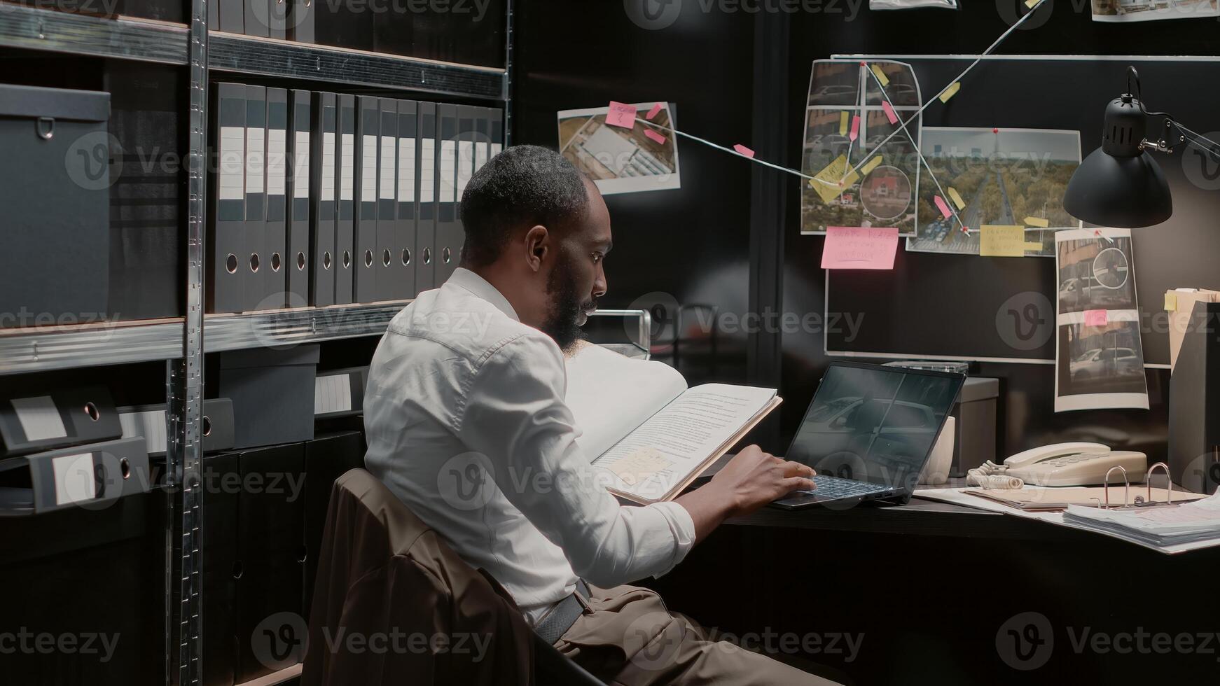 Private detective conducted investigation to solve crime, analyzing forensic information to find