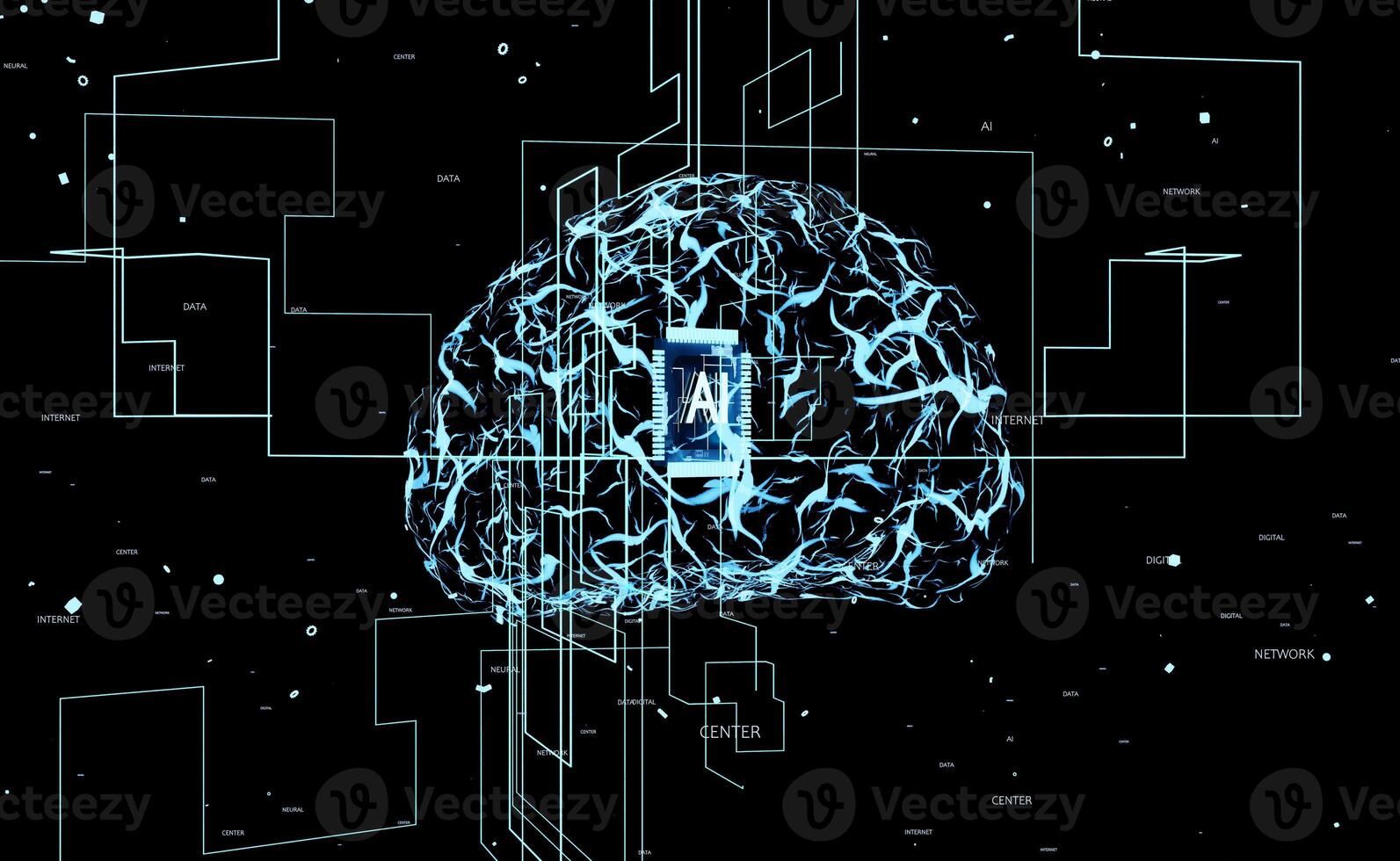 Visualization of artificial neurons organized into multiple layers, 3d render animation. AI processes input using algorithm set to find patterns in data and provide output photo