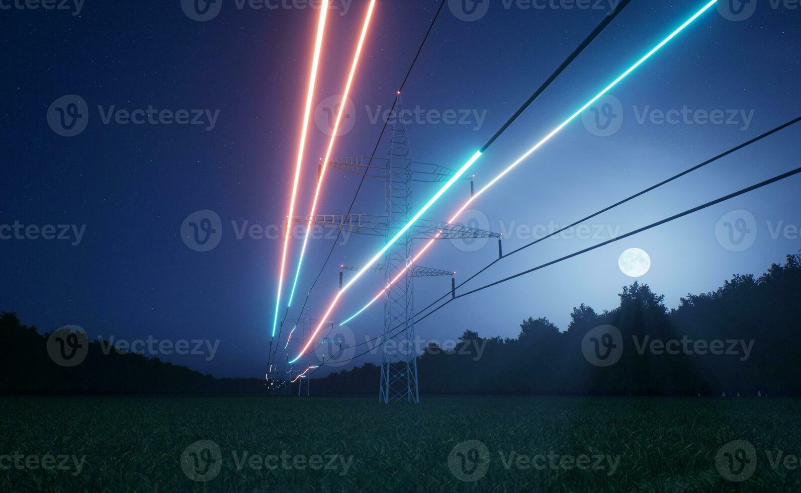 Visualization of energy flowing through power tower lines over night sky. Infrastructure ensuring transmission of electricity through voltage distribution cables, 3D render animation photo