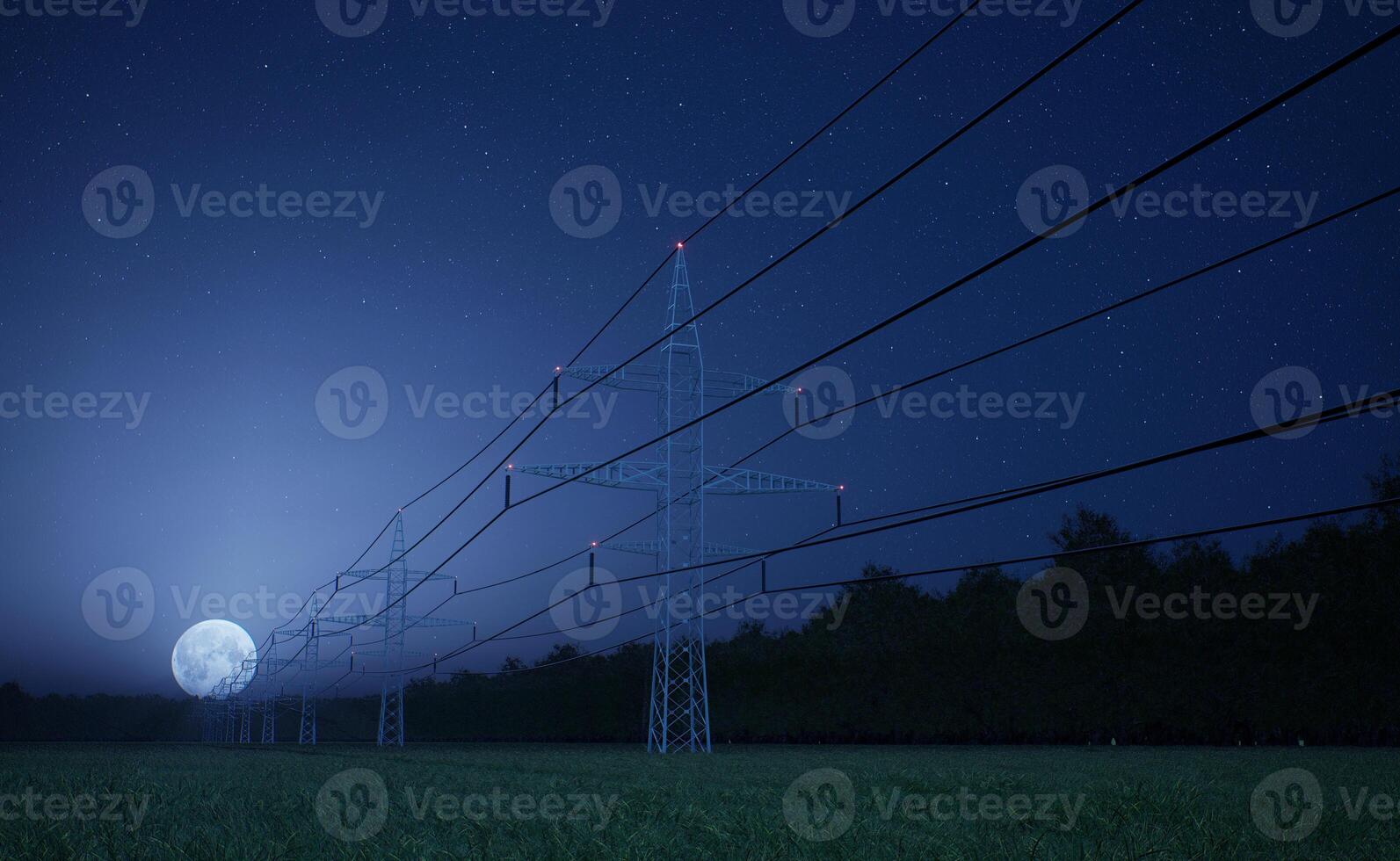 Electrical grid interconnected network used for electricity delivery with power lines over full moon night sky. Industrial energy transmission pylon with electric cables, 3D render animation photo